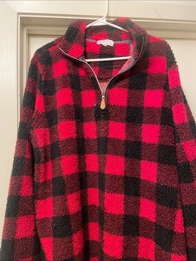Cozy Buffalo Check Half-Zip Sherpa Pullover - Red/Black